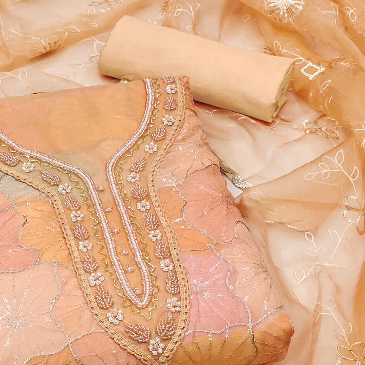 Light Peach Sequins Embroidered With Handwork Organza Dress Material