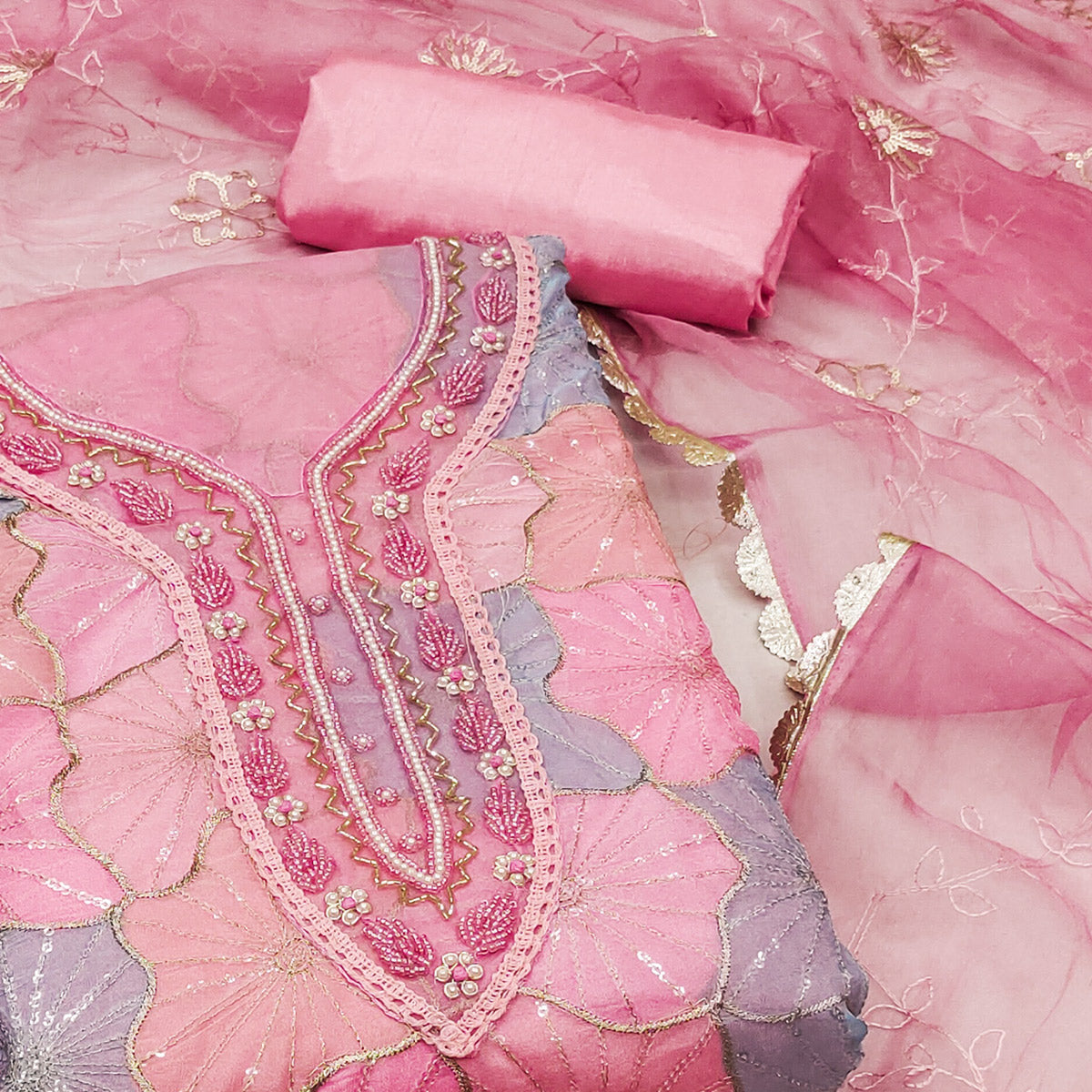 Pink Sequins Embroidered With Handwork Organza Dress Material