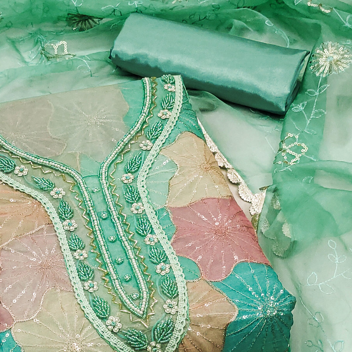 Sea Green Sequins Embroidered With Handwork Organza Dress Material