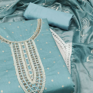 Blue Woven With Moti Handwork Chanderi Silk Dress Material