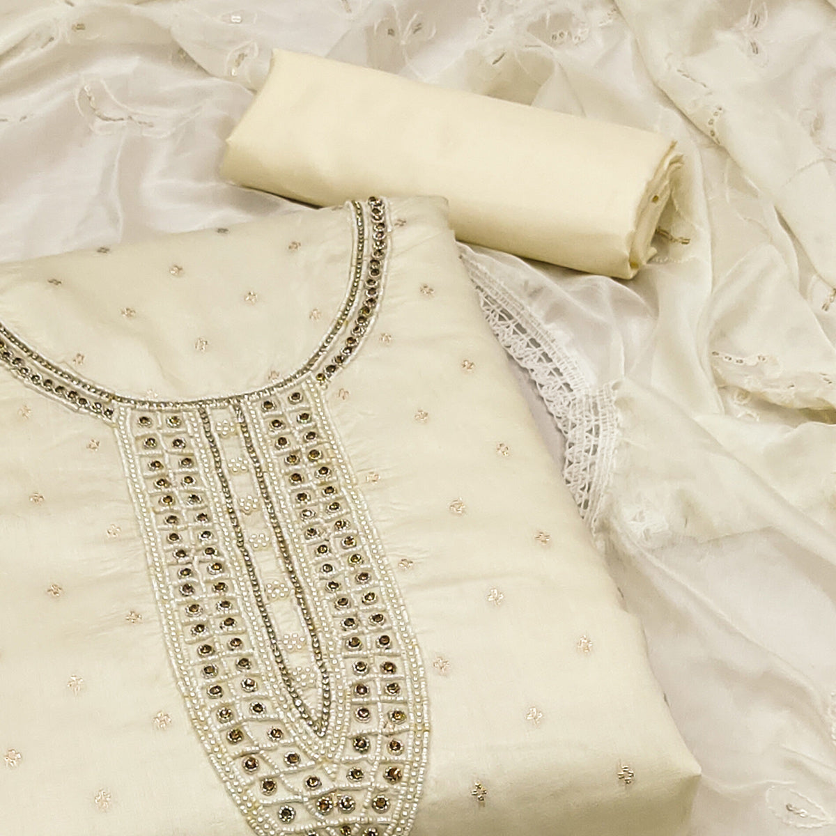 Off White Woven With Moti Handwork Chanderi Silk Dress Material