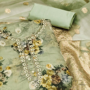 Green Floral Digital Printed With Handwork Organza Dress Material