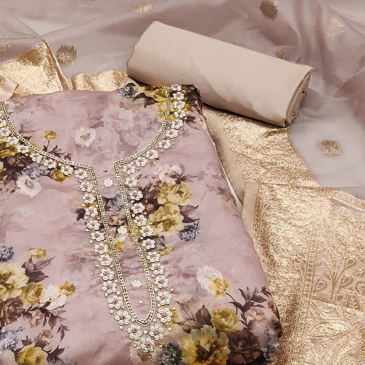 Mauve Floral Digital Printed With Handwork Organza Dress Material