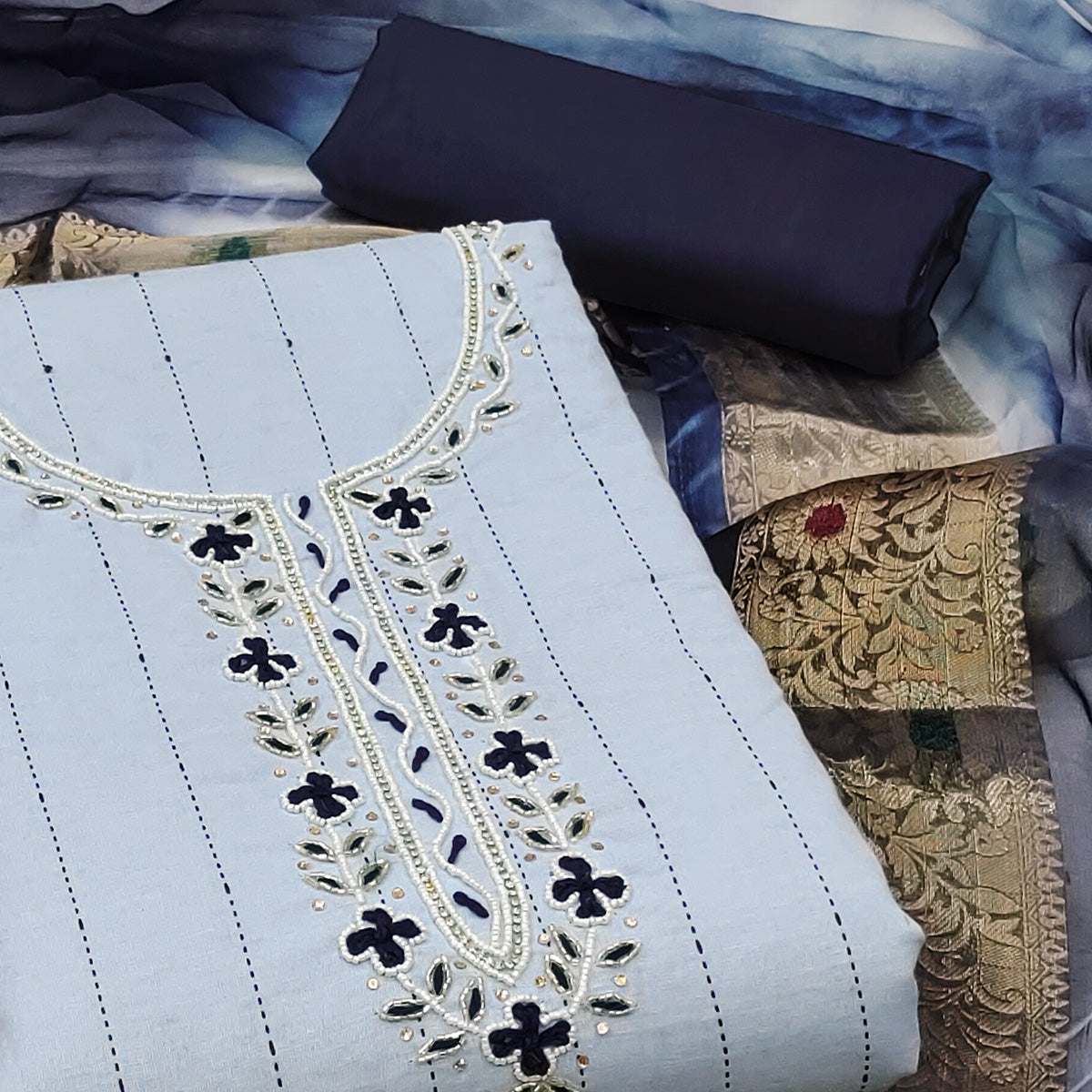 Blue Embroidered With Handwork Cotton Blend Dress Material