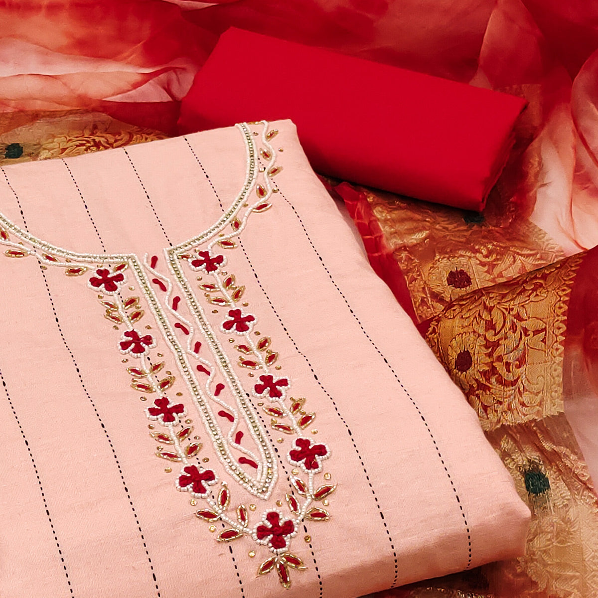 Peach Embroidered With Handwork Cotton Blend Dress Material