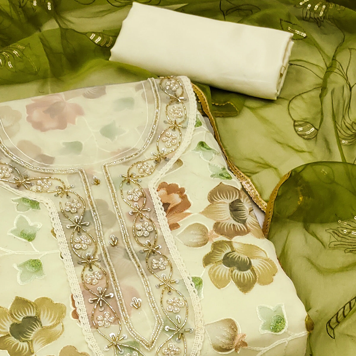 Cream Floral Embroidered With Printed Organza Dress Material
