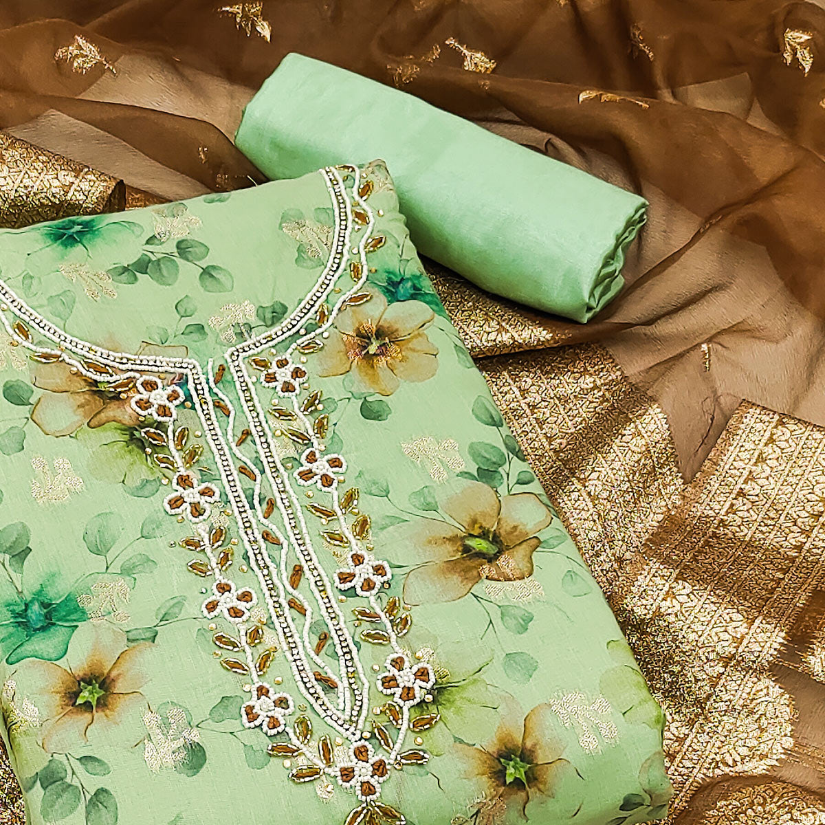 Green Floral Digital Printed With Woven Chanderi Silk Dress Material