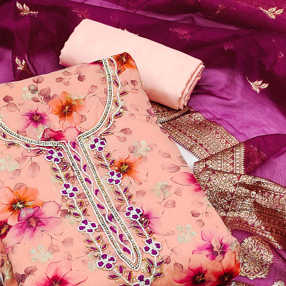 Peach Floral Digital Printed With Woven Chanderi Silk Dress Material