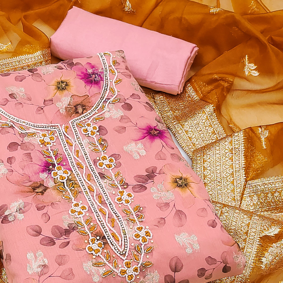 Pink Floral Digital Printed With Woven Chanderi Silk Dress Material