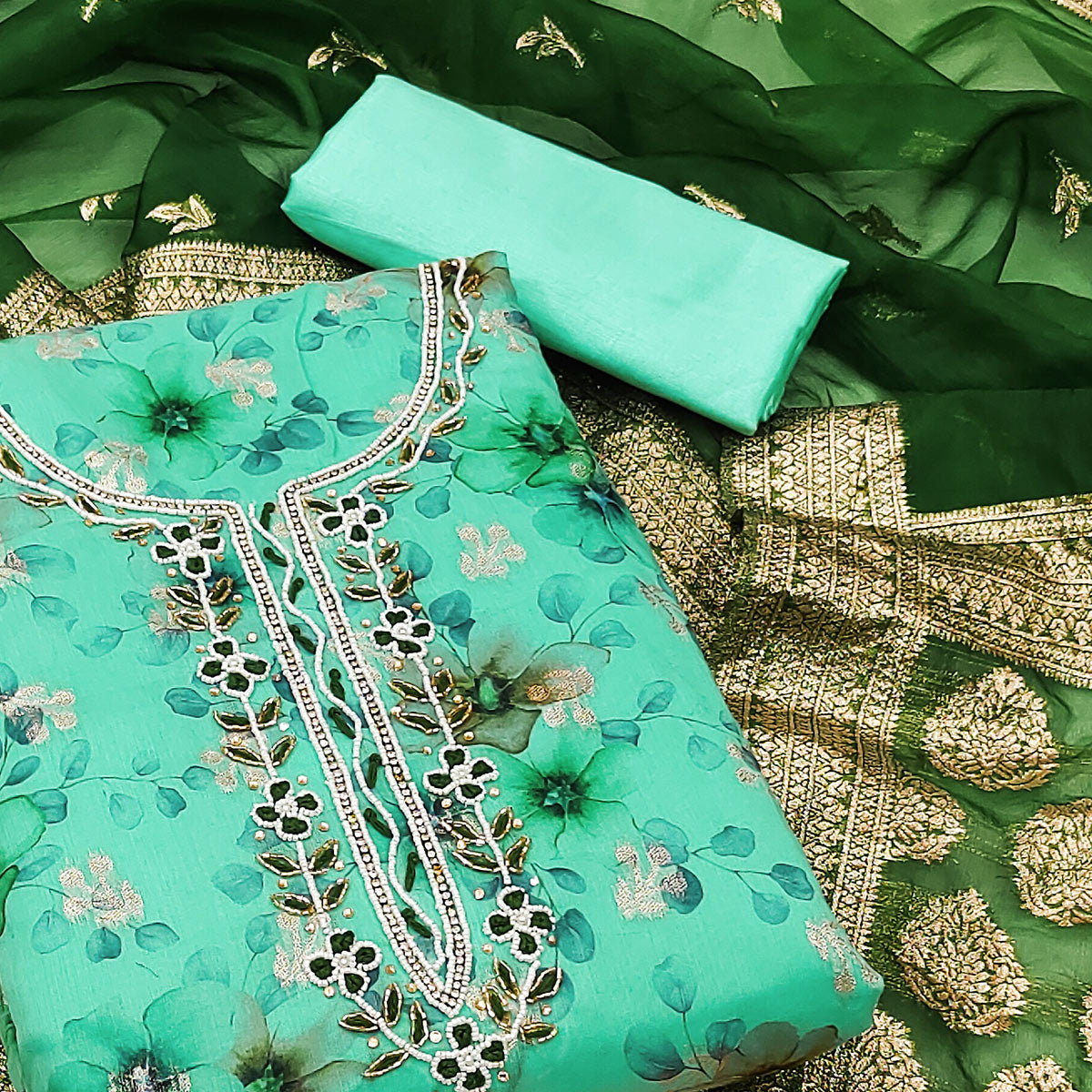 Turquoise Floral Digital Printed With Woven Chanderi Silk Dress Material