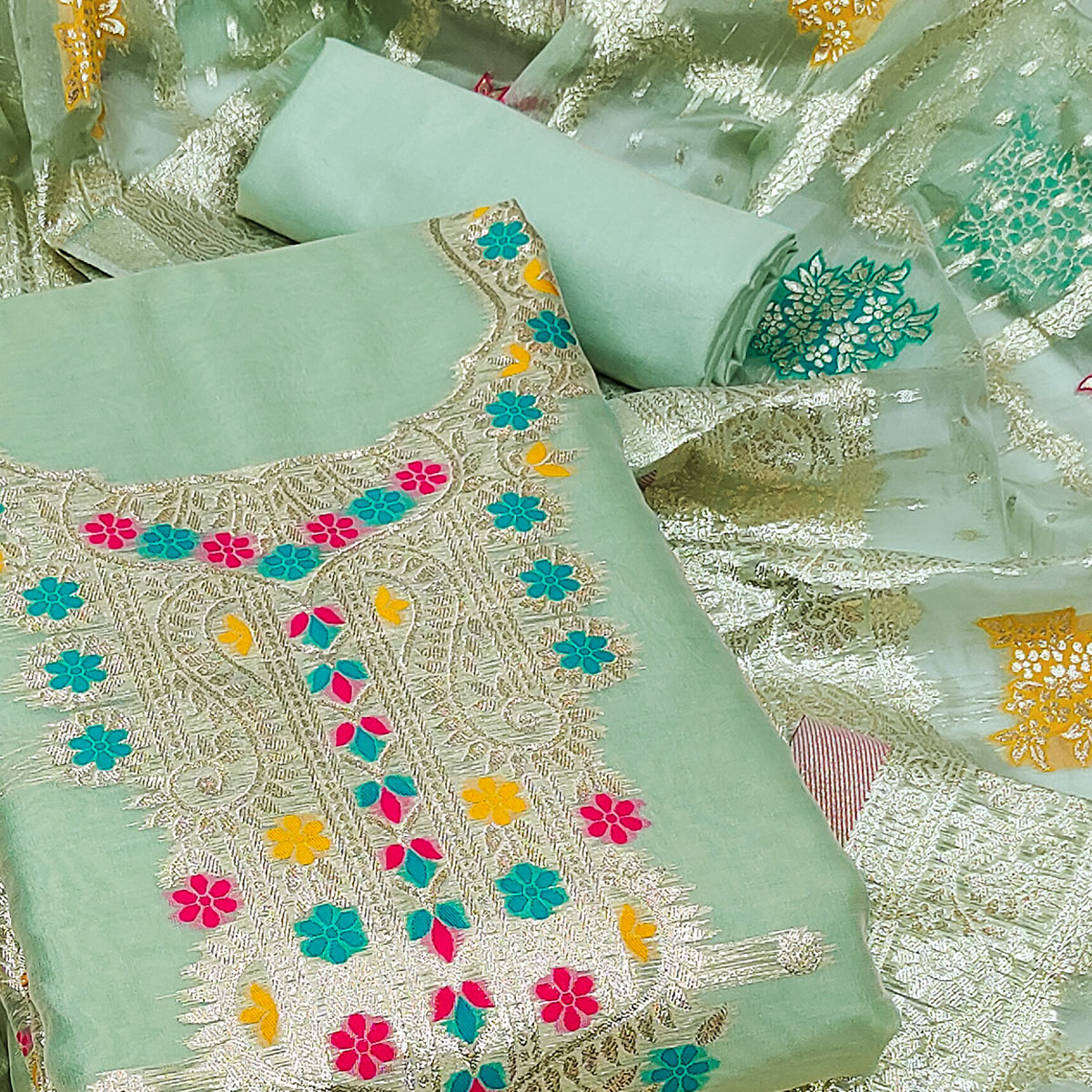 Green Floral Woven Organza Dress Material