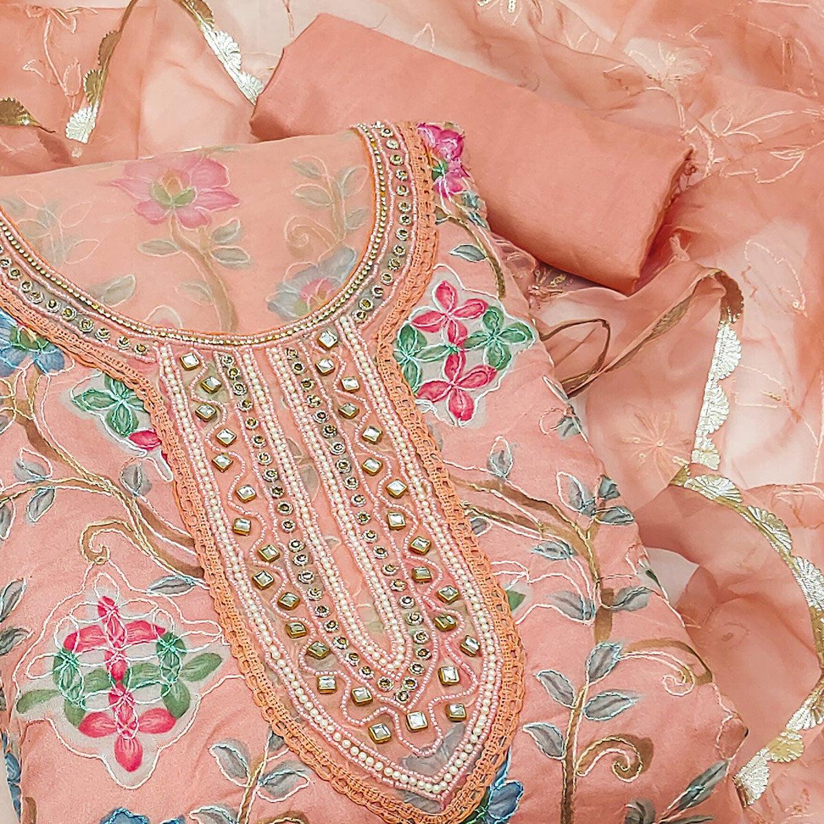 Peach Floral Printed Organza Dress Material