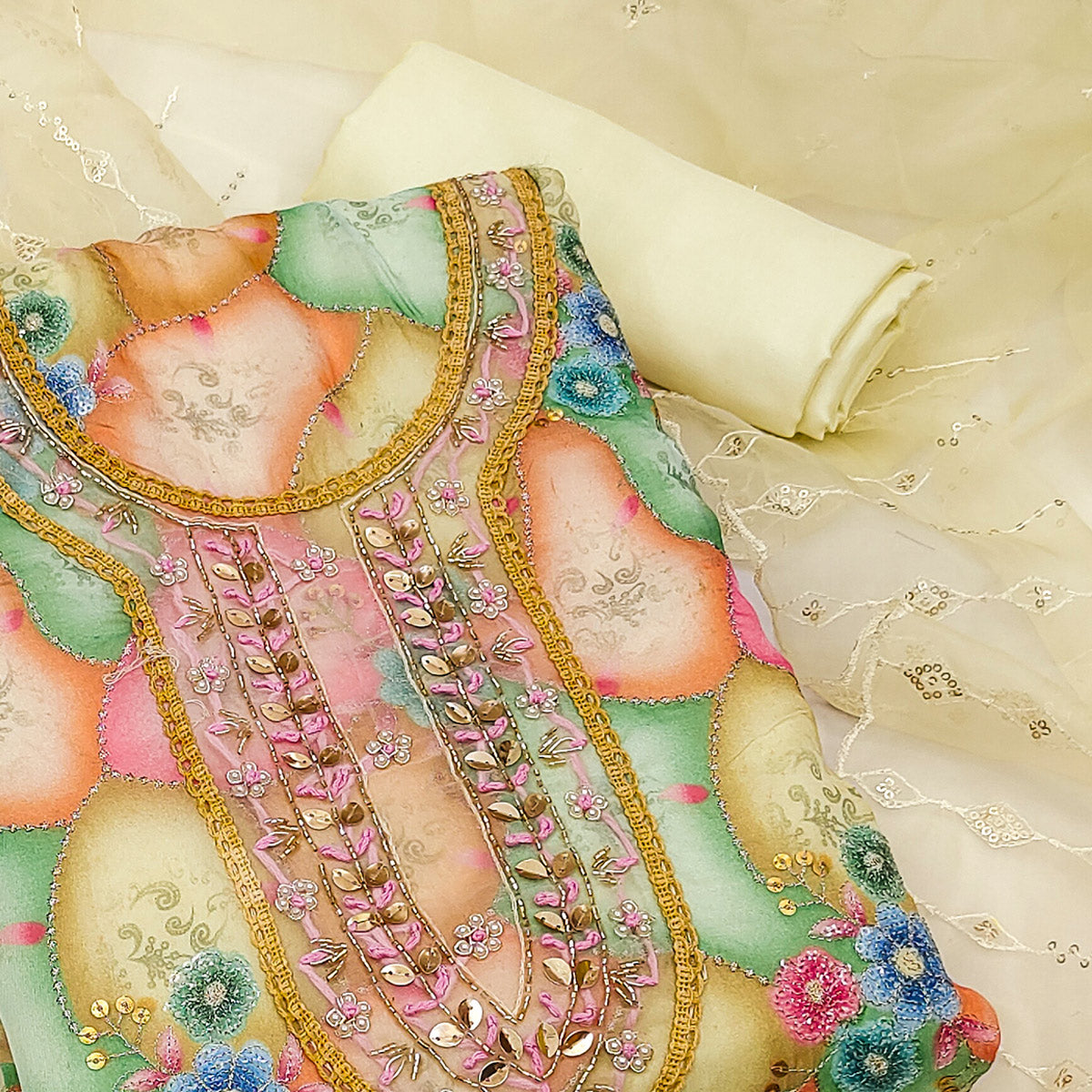 Cream Floral Printed Organza Dress Material