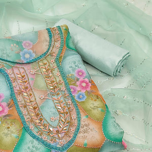 Green Floral Printed Organza Dress Material