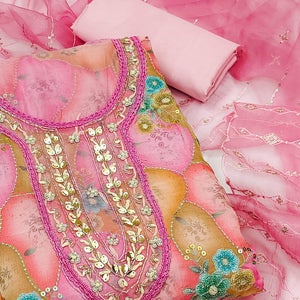 Pink Floral Printed Organza Dress Material