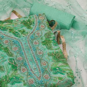 Green Floral Printed Organza Dress Material