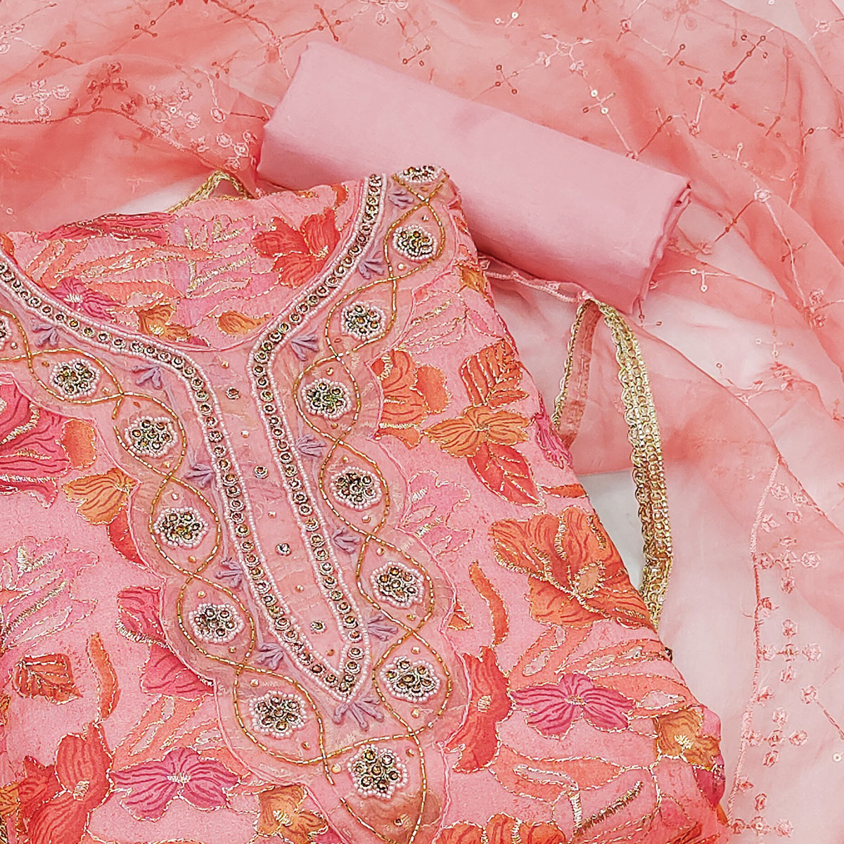 Peach Floral Printed Organza Dress Material