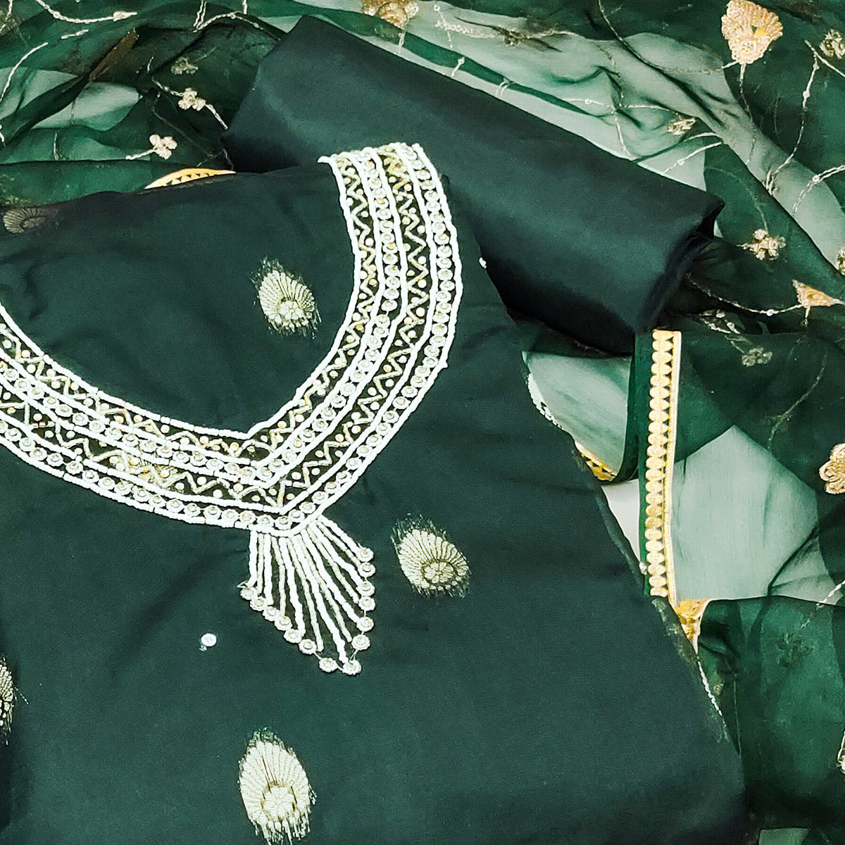 Green Floral Woven Organza Dress Material
