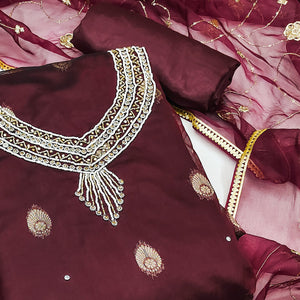 Maroon Floral Woven Organza Dress Material