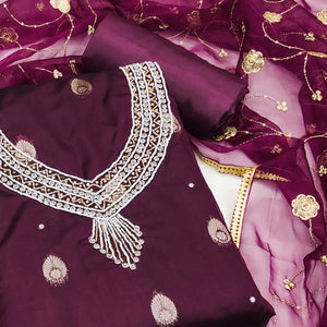 Wine Floral Woven Organza Dress Material