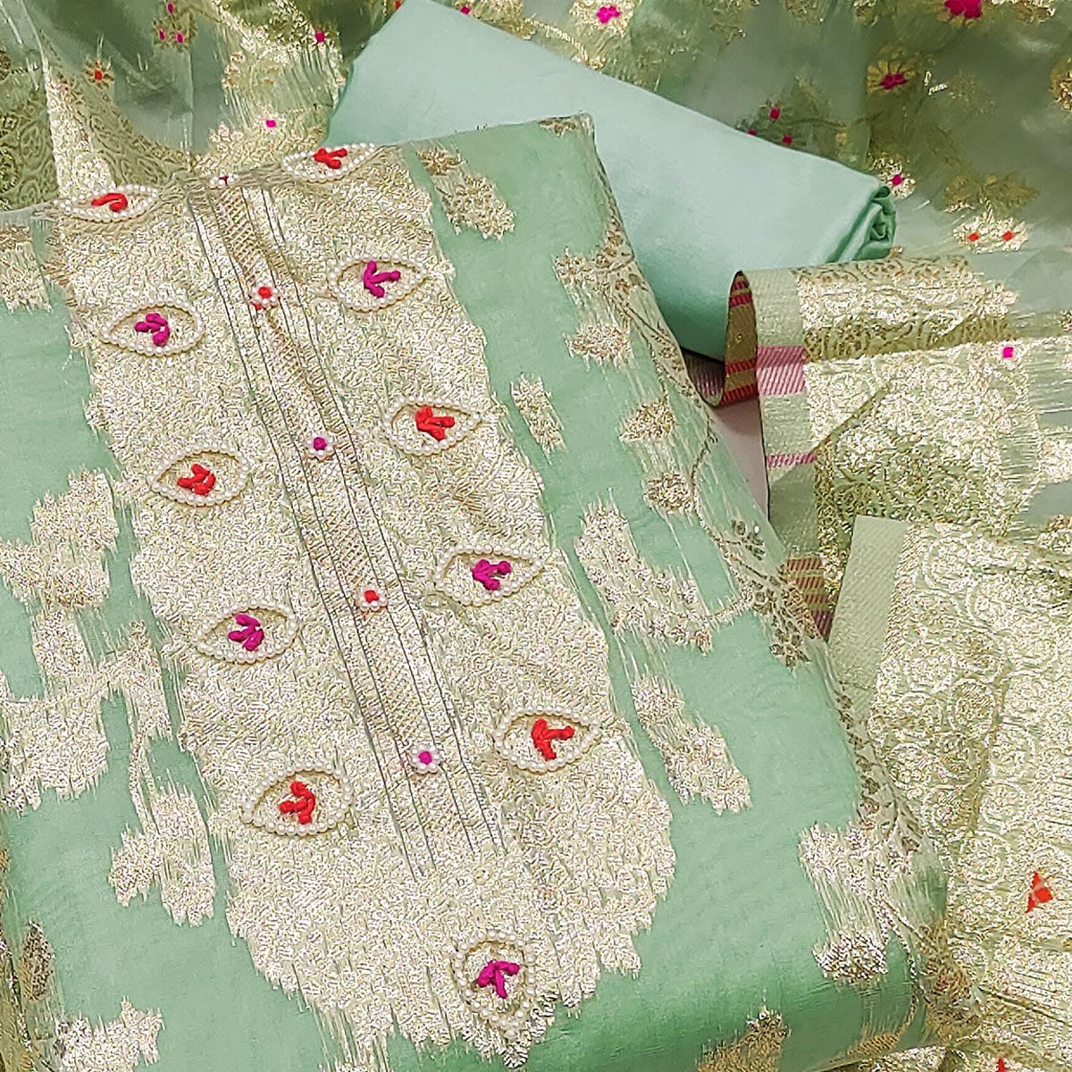 Green Floral Woven Chanderi Silk Dress Material