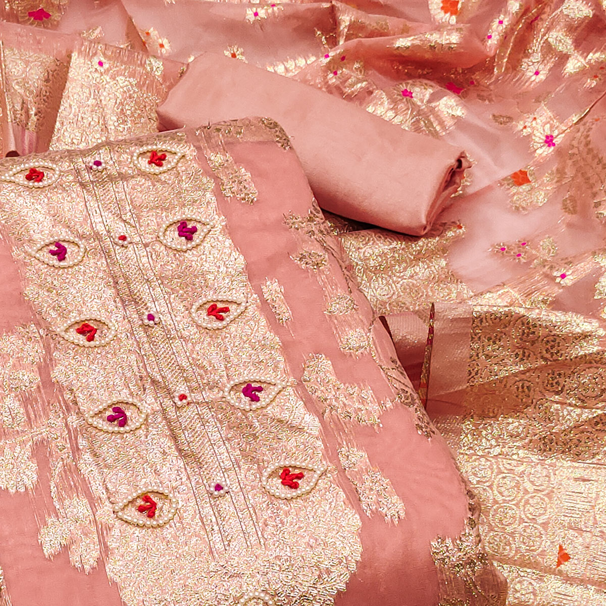 Peach Floral Woven Chanderi Silk Dress Material