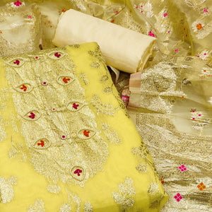 Yellow Floral Woven Chanderi Silk Dress Material