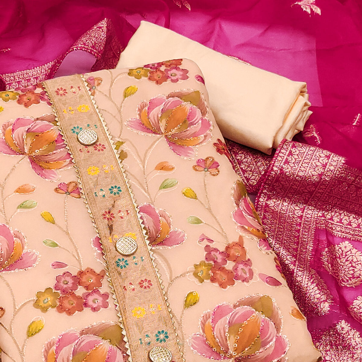 Peach Floral Printed Organza Dress Material