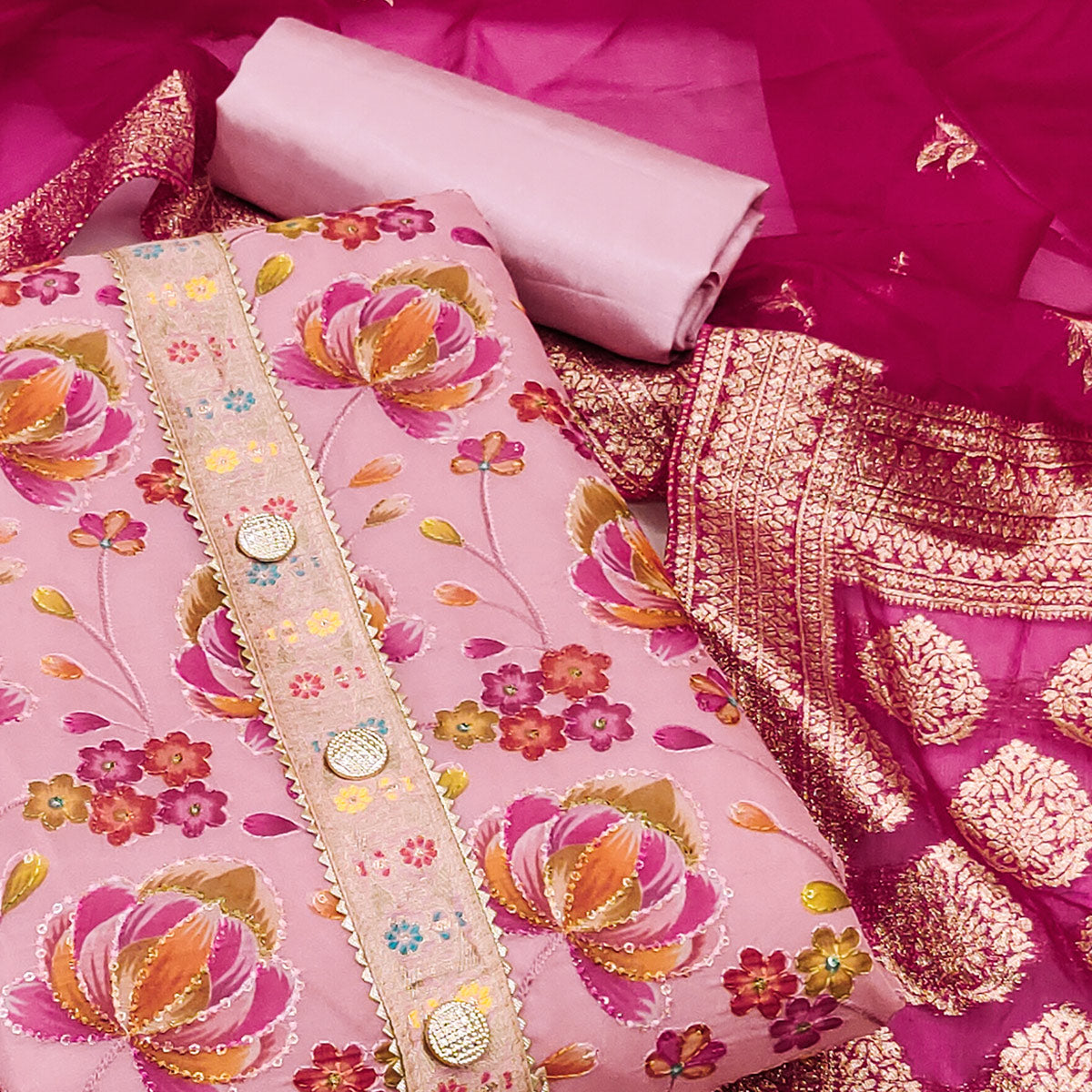 Pink Floral Printed Organza Dress Material