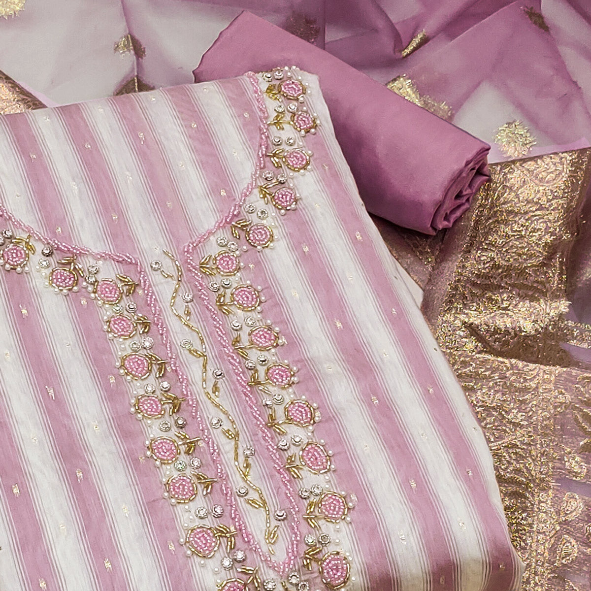 Pink Woven Banarasi Silk Dress Material