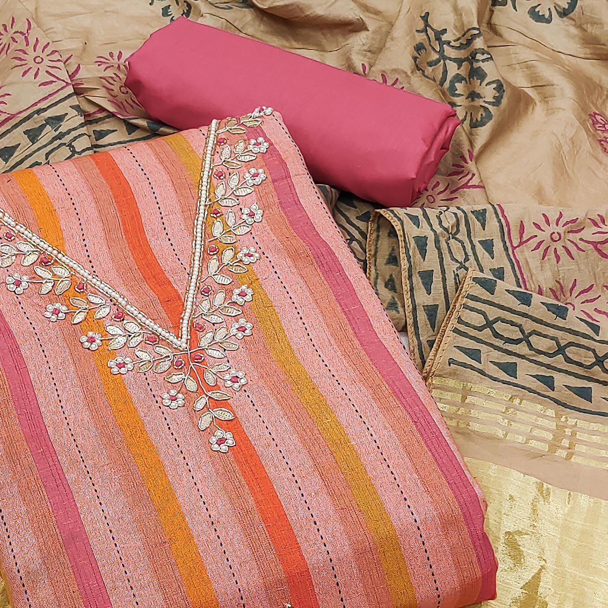 Red Striped Pure Cotton Dress Material