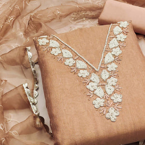 Dusty Peach Embroidered Moti Work Pure Cotton Dress Material