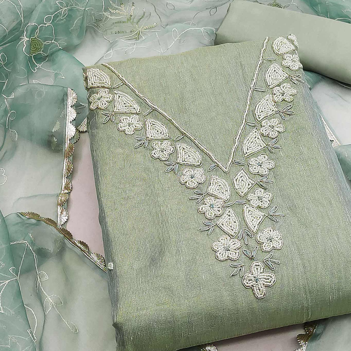 Sea Green Embroidered Moti Work Pure Cotton Dress Material