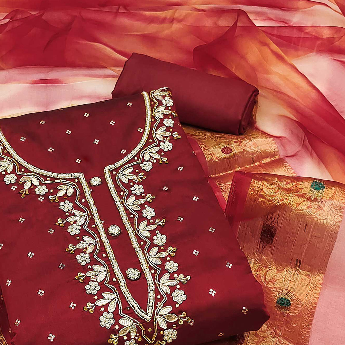 Maroon Woven With Handwork Chanderi Silk Dress Material