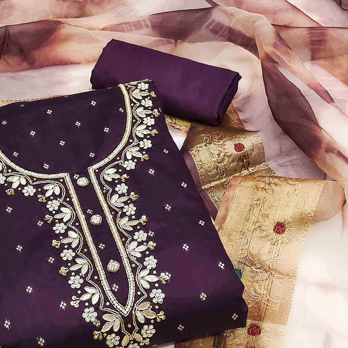 Purple Woven With Handwork Chanderi Silk Dress Material