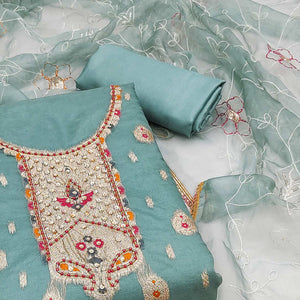 Blue Woven With Handwork Organza Dress Material