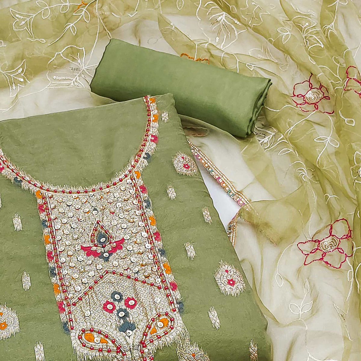 Green Woven With Handwork Organza Dress Material