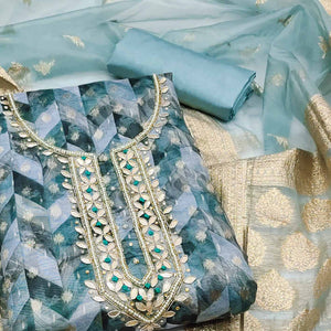 Blue Digital Printed With Woven Organza Dress Material