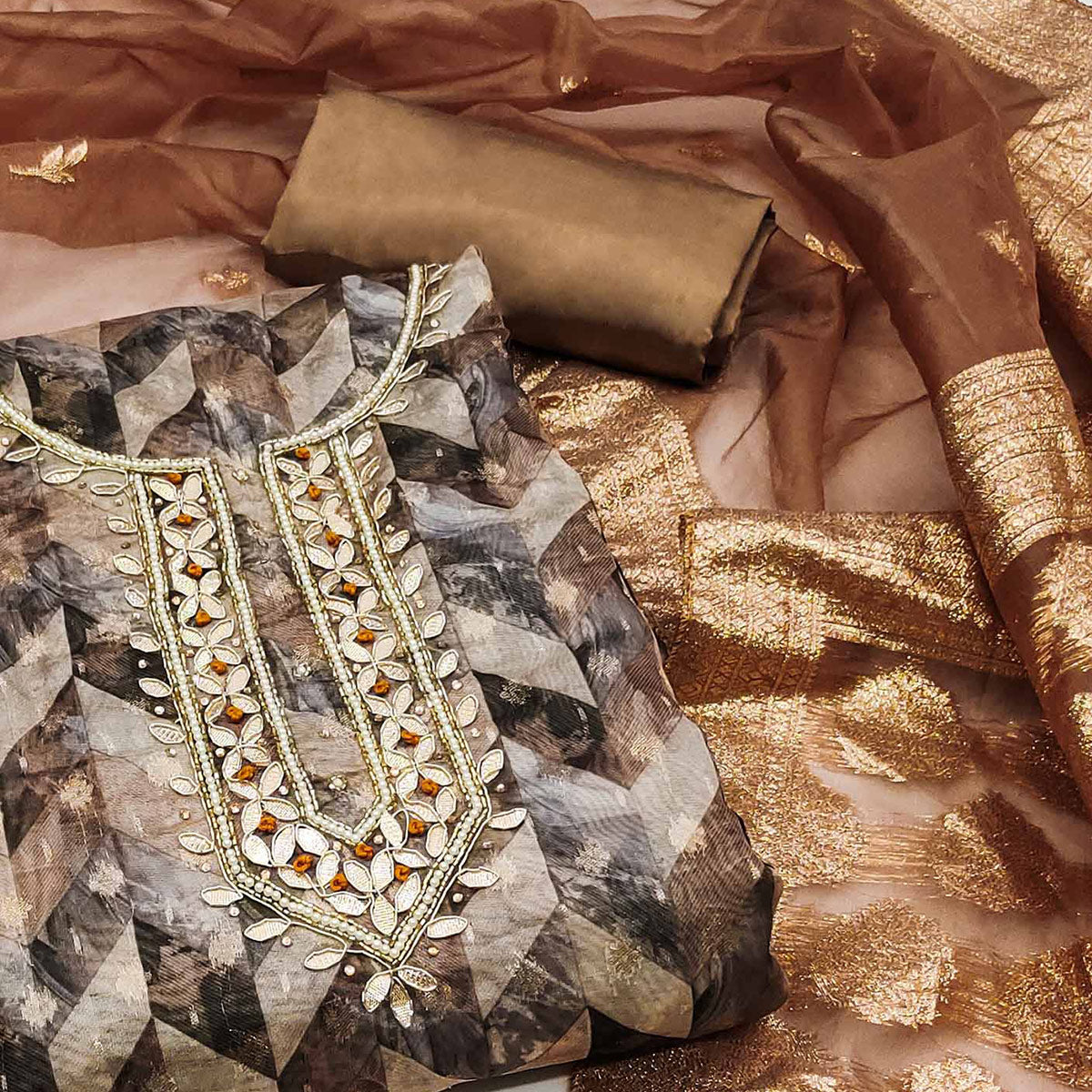 Brown Digital Printed With Woven Organza Dress Material