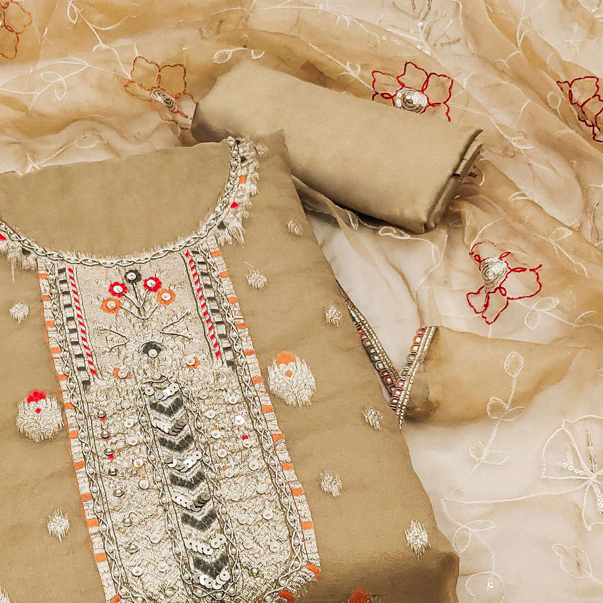 Beige Woven With Handwork Organza Dress Material