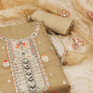 Beige Woven With Handwork Organza Dress Material