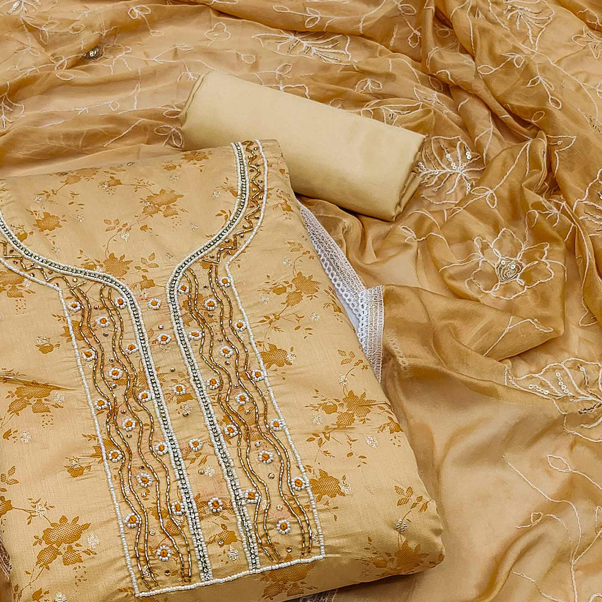 Chikoo Digital Printed With Woven Chanderi Silk Dress Material