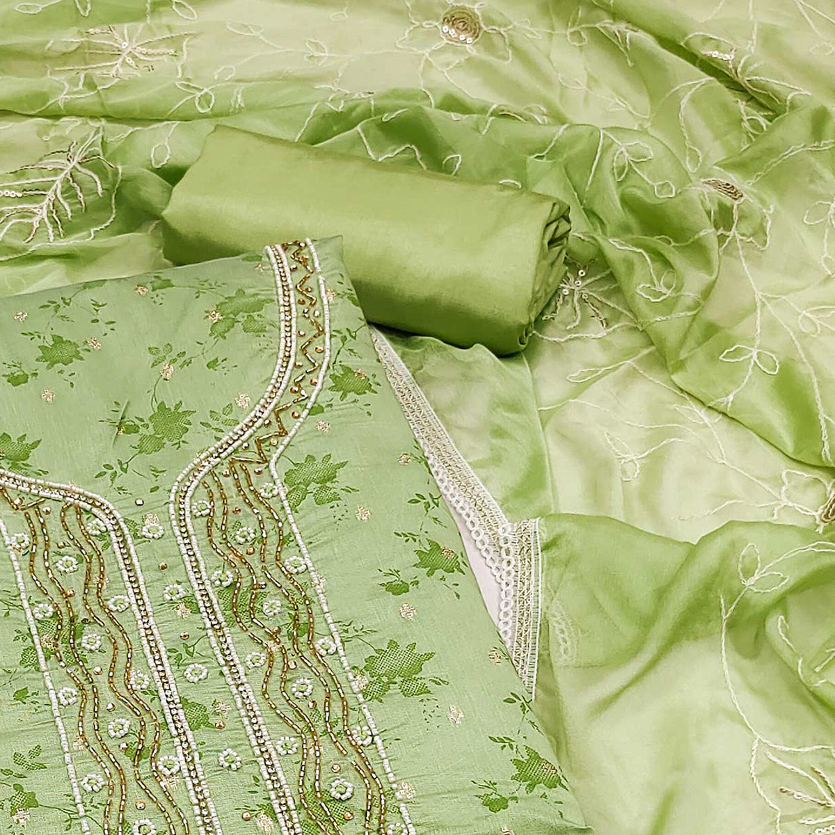 Green Digital Printed With Woven Chanderi Silk Dress Material