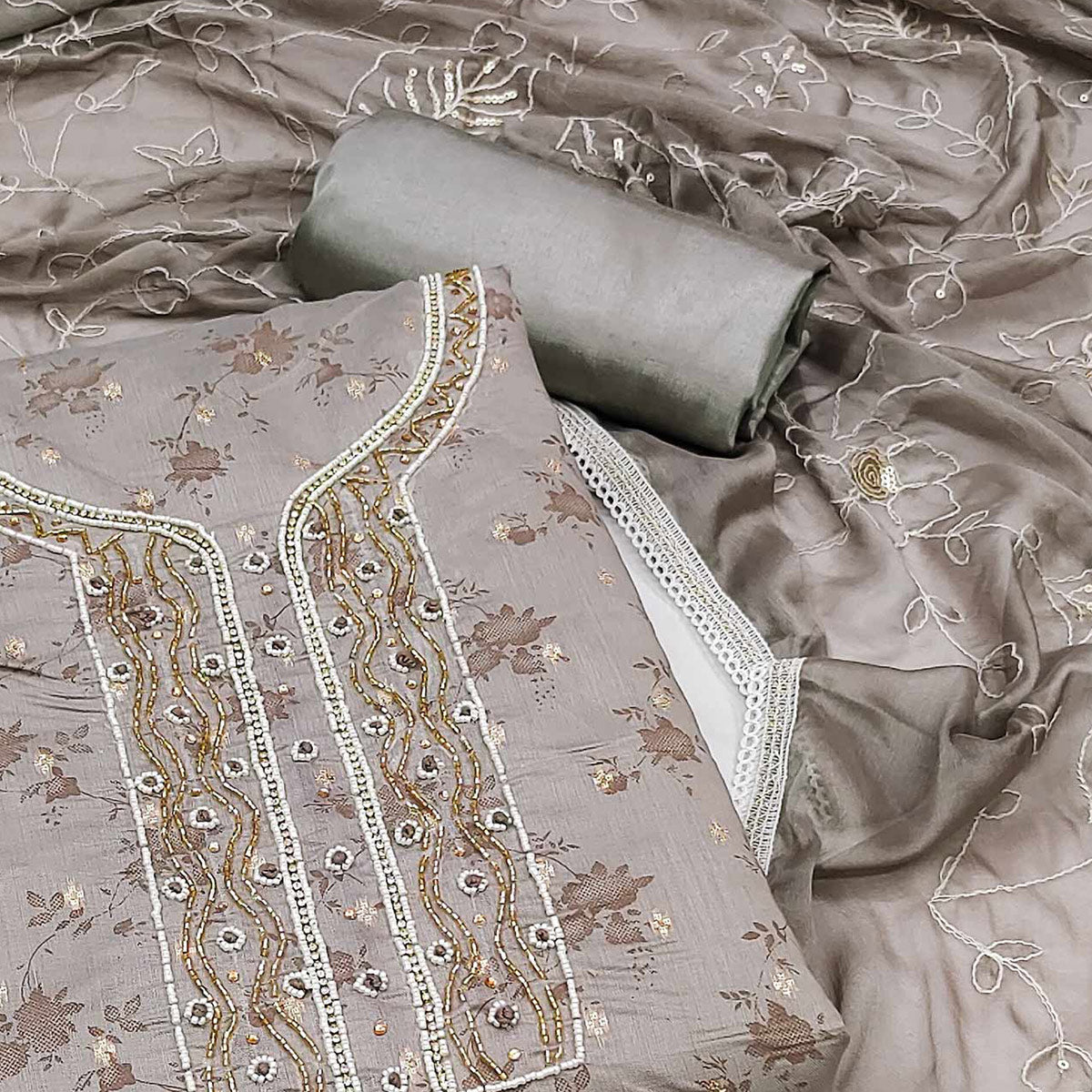 Grey Digital Printed With Woven Chanderi Silk Dress Material