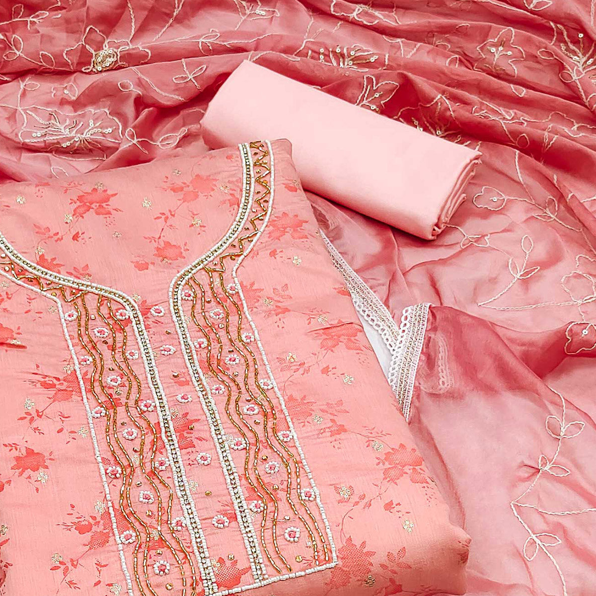 Peach Digital Printed With Woven Chanderi Silk Dress Material