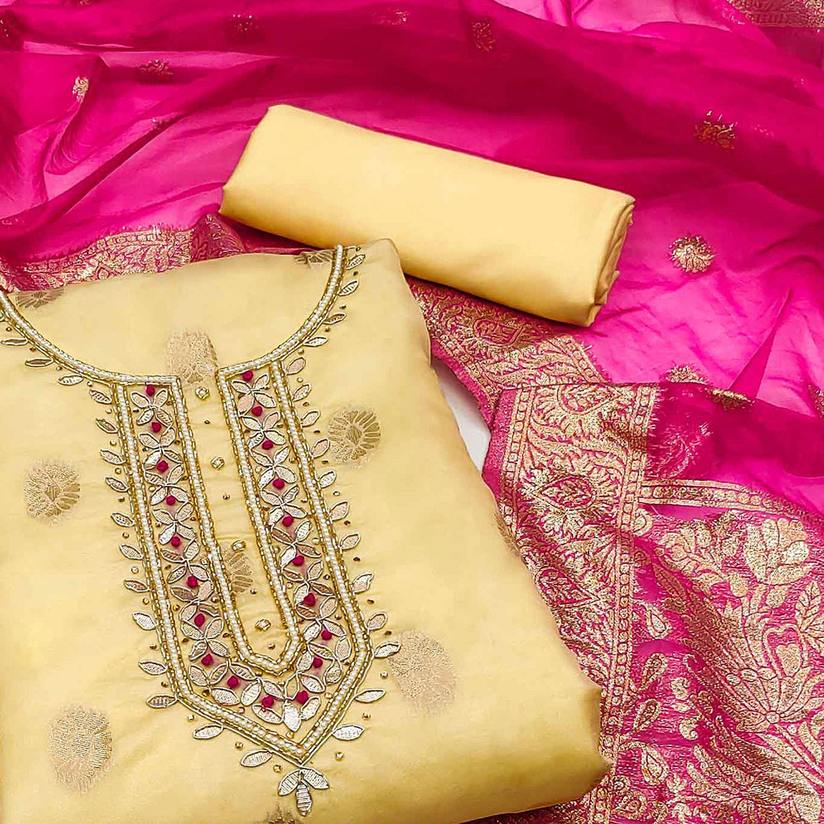 Yellow Woven With Handwork Organza Dress Material