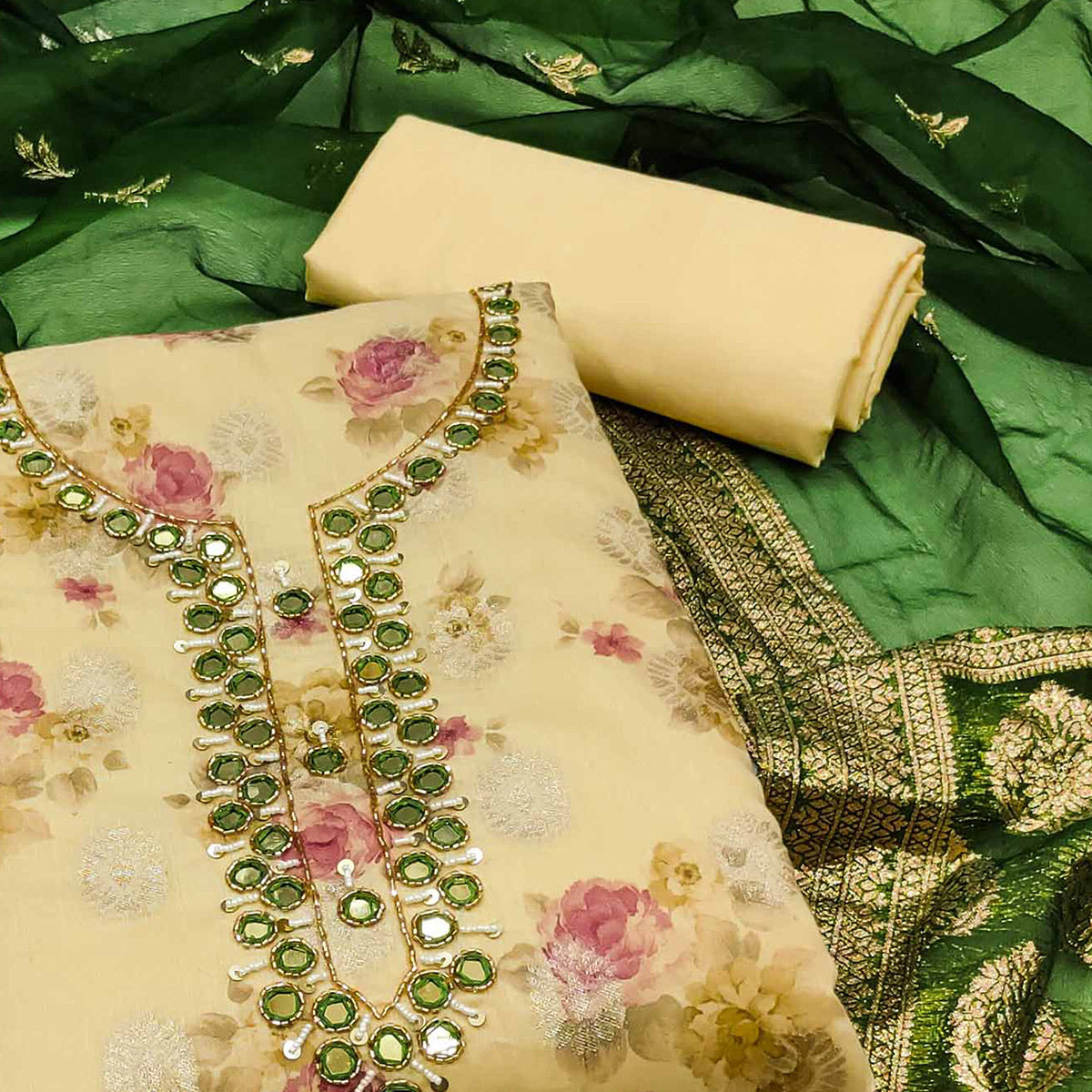 Yellow Woven With Digital Printed Chanderi Silk Dress Material