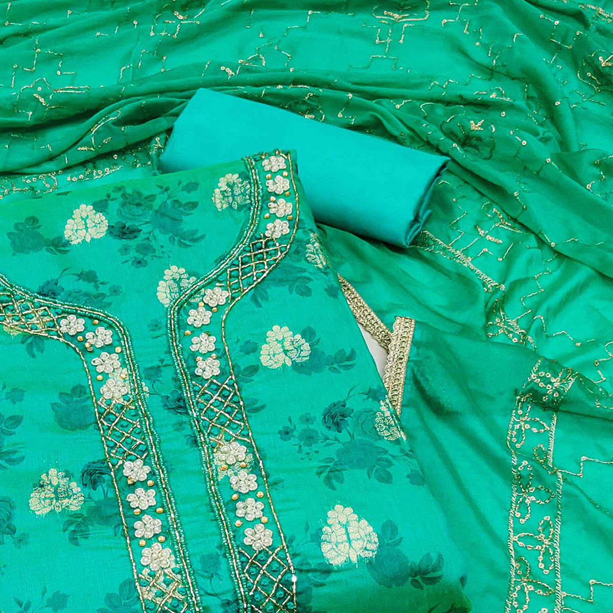 Turquoise Floral Printed Chanderi Silk Dress Material