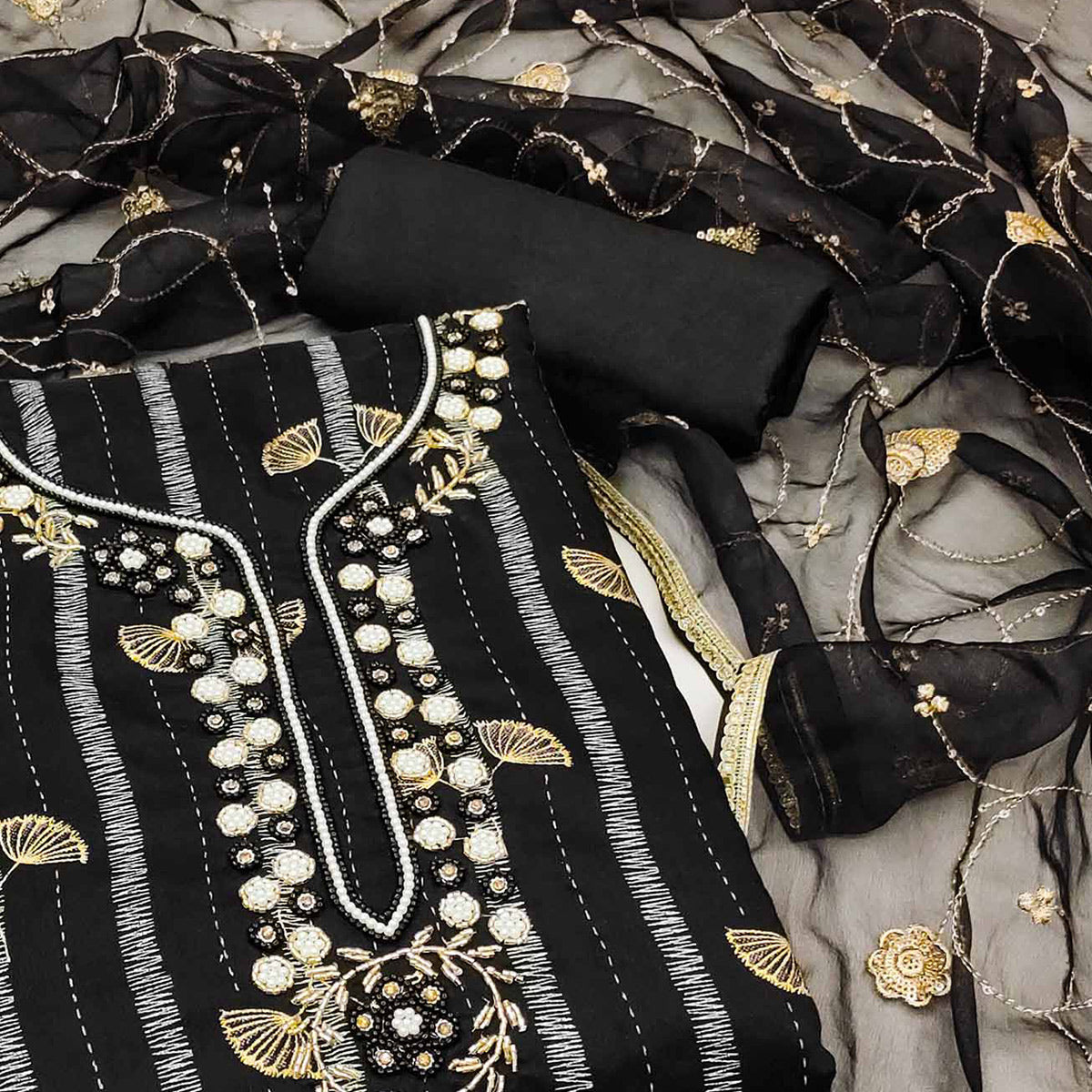 Black Foil Printed Chanderi Silk Dress Material