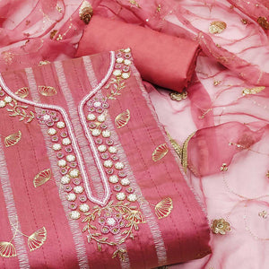 Gajri Pink Foil Printed Chanderi Silk Dress Material